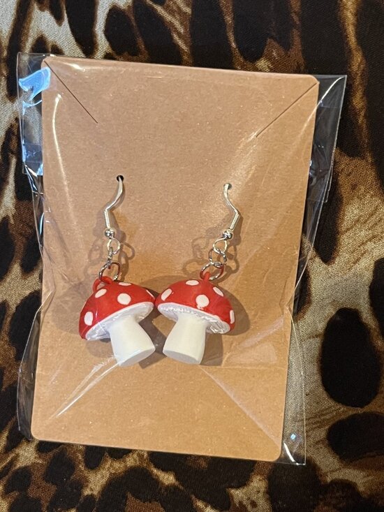 Handmade Jewelry - Handmade Size OSFA Red Mushroom Dangle Earrings with White Polka Dots